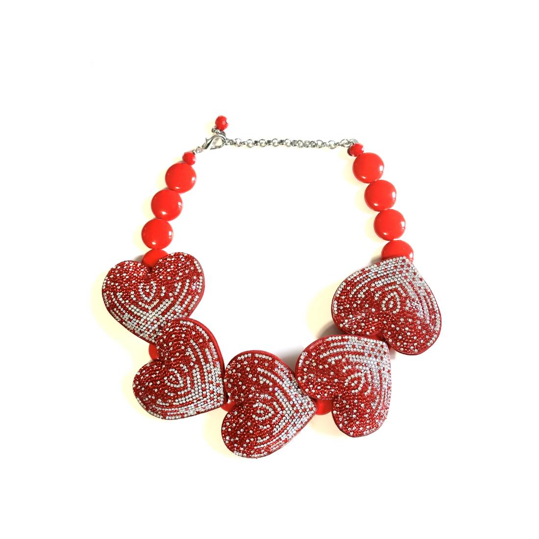 COLLANA CUORI ROSSI GLITTER ARGENTO